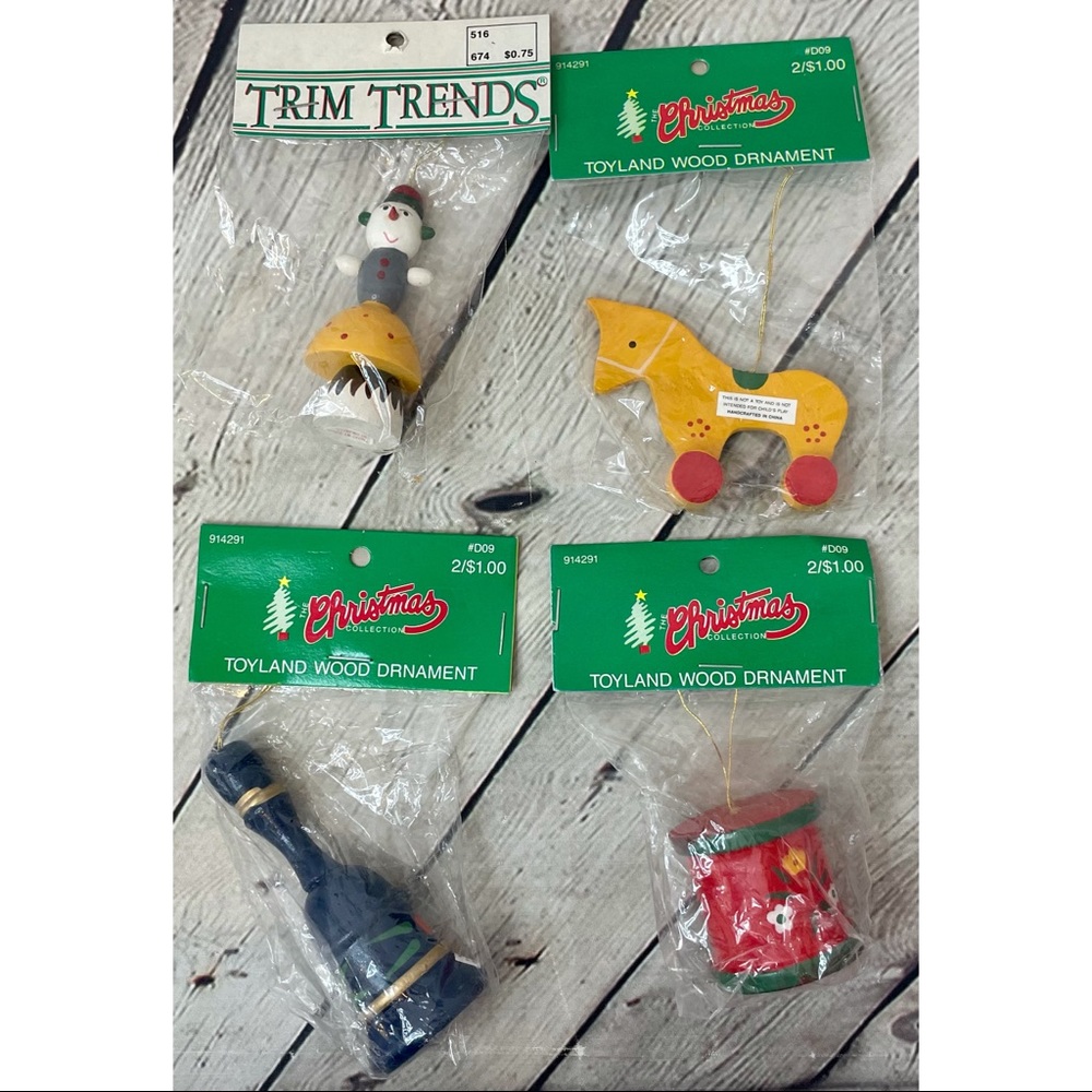 Bundle Of Four Vintage Wooden Toyland Christmas Ornaments